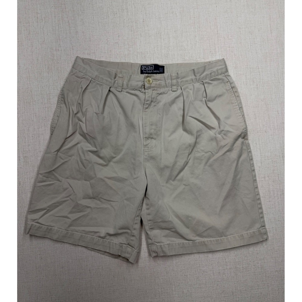 VTG Polo Ralph Lauren Tyler Short Mens 33 Khaki Tan Pleated Chino Cotton Shorts